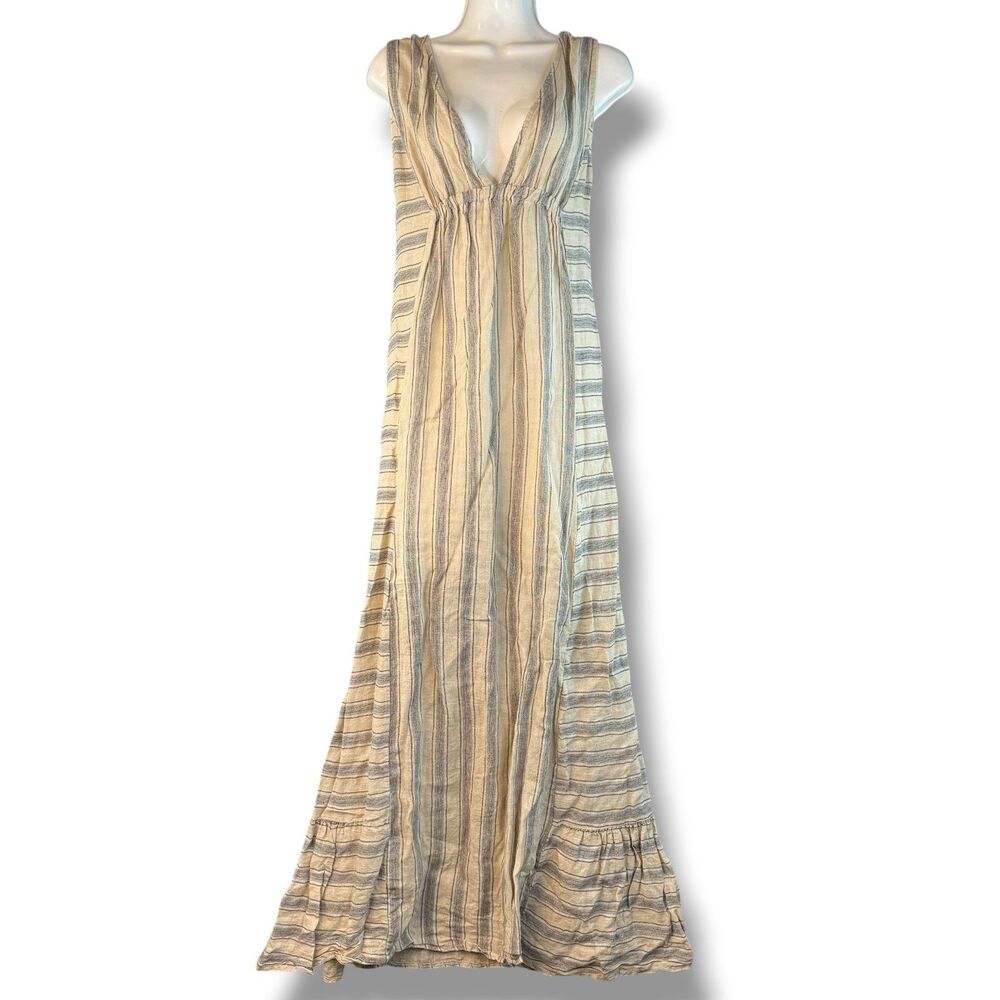 Luisa Ricci 100% Linen Maxi Dress Size M Beige Stripe V Neck Italy Lagenlook